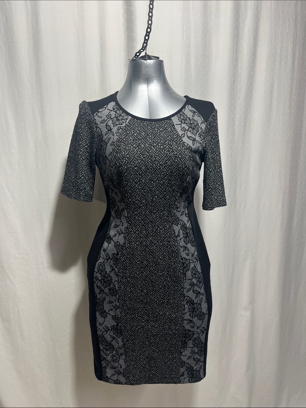 Elegant Black Lace-Panel Midi Dress Petite 10.  Party wedding stretch 1132
